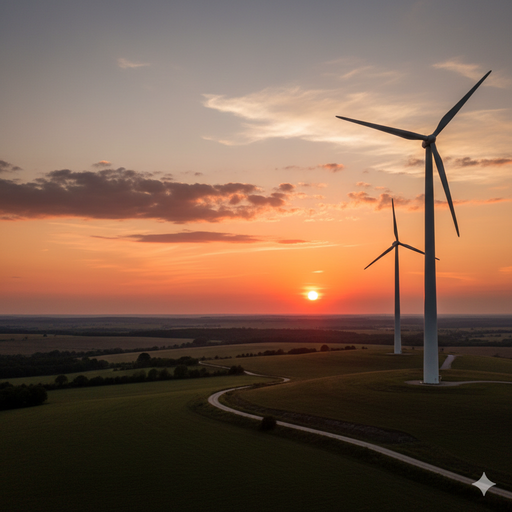 Campo de turbinas eólicas al atardecer